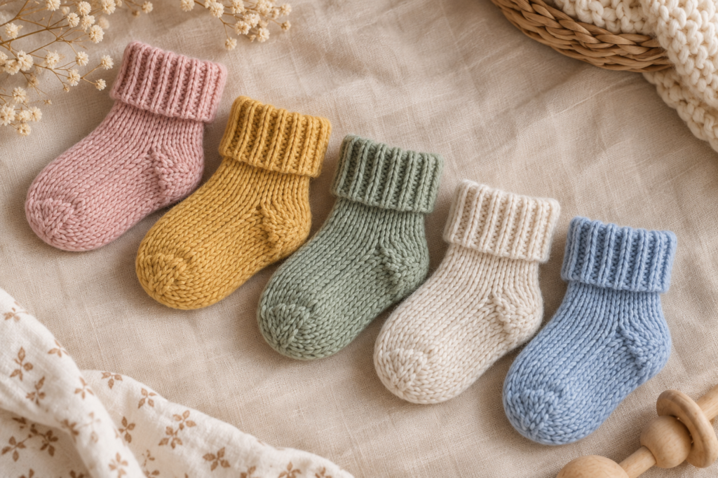 Pastel color ideas for handmade knitted baby socks