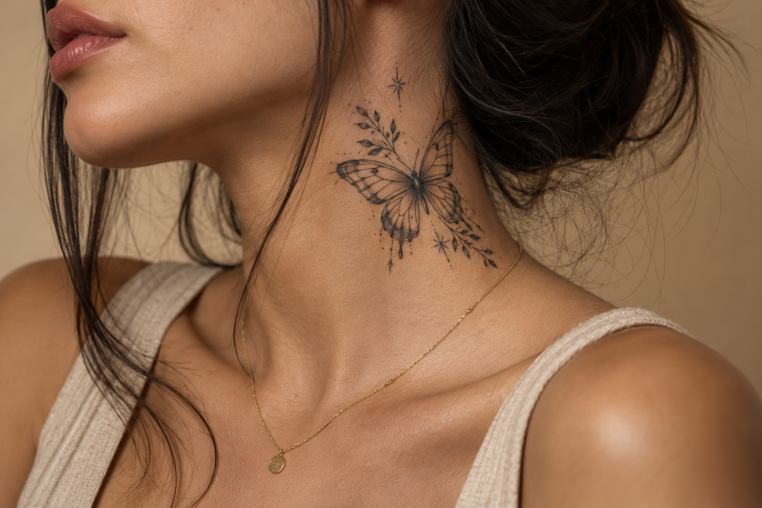 Delicate butterfly neck tattoo with fine-line botanical details