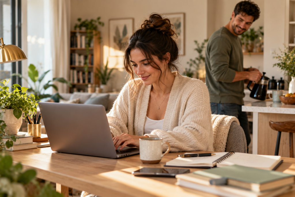 Woman pursuing her own interests while her supportive partner encourages her
