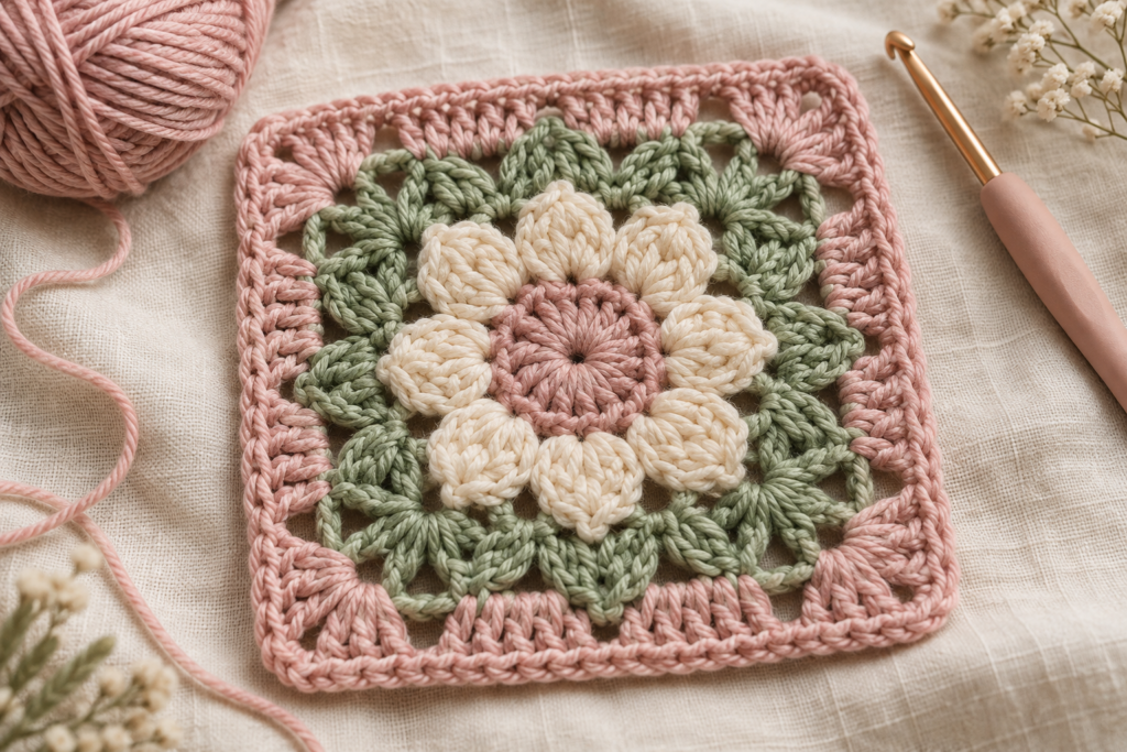Floral crochet granny square with pink flower petals and sage green border