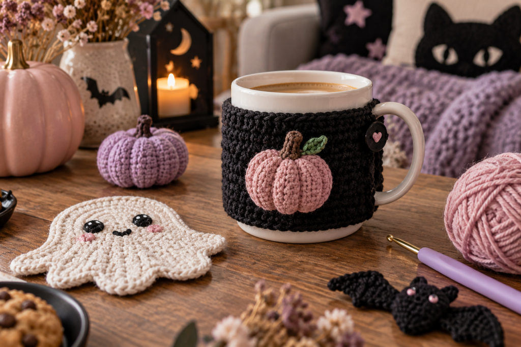 Black crochet Halloween mug cozy with pastel pumpkin and ghost coaster