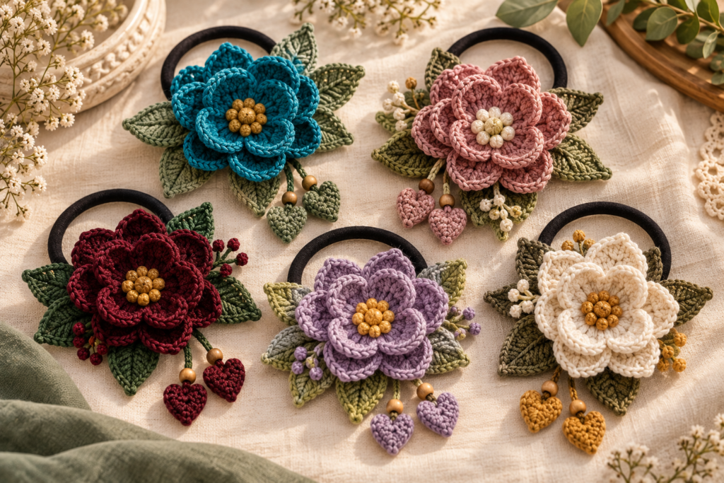 Crochet flower hair ties in turquoise, pink, burgundy, lavender and cream