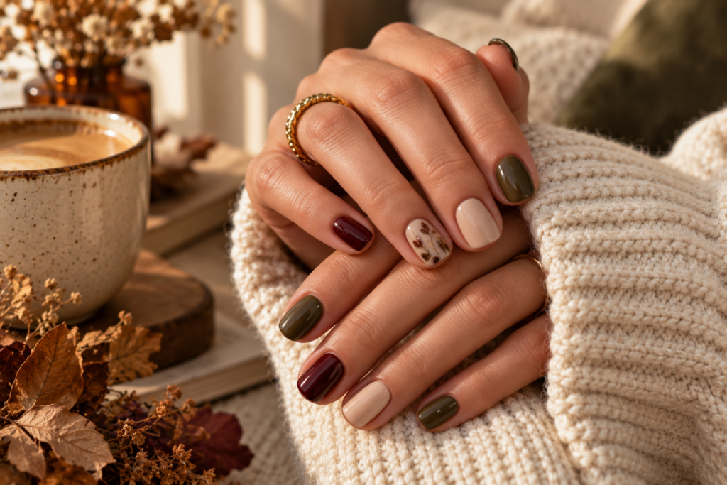 Olive and burgundy transitional September nails