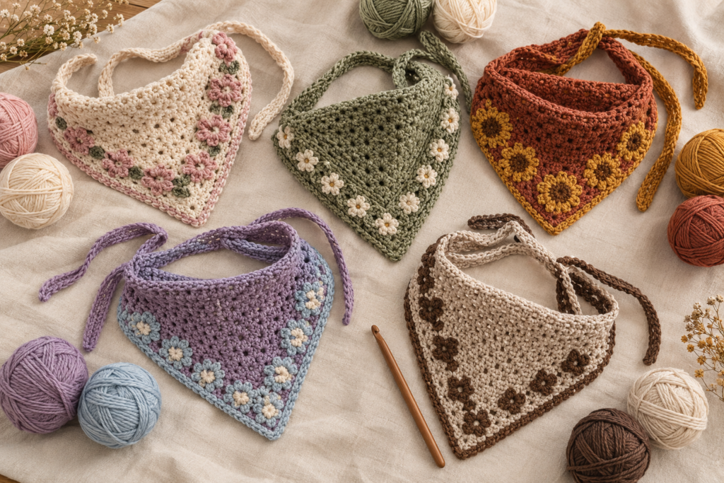 Crochet bandana color combinations in pastel and earthy tones