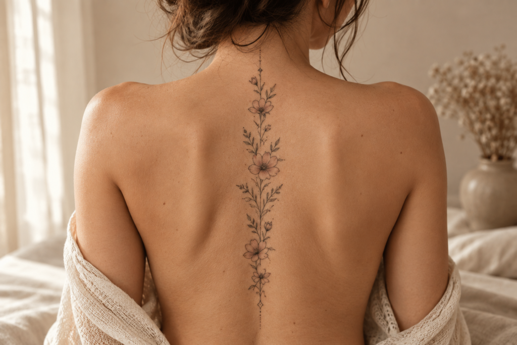 Fine-line floral spine tattoo with delicate flowers and leaves