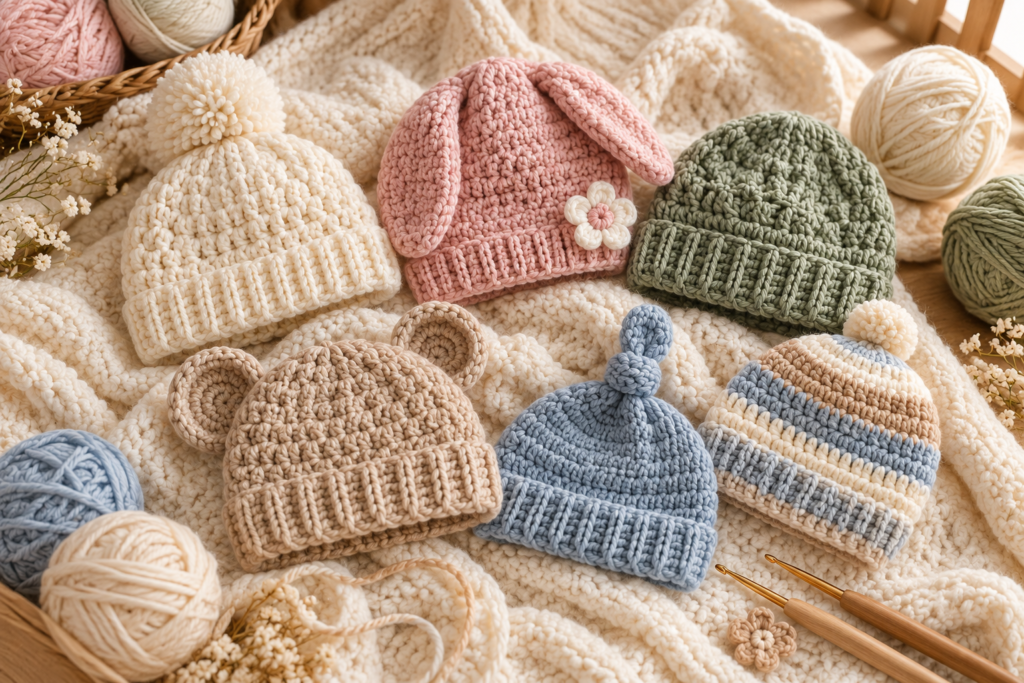 Collection of finished crochet baby hats in different colors and styles