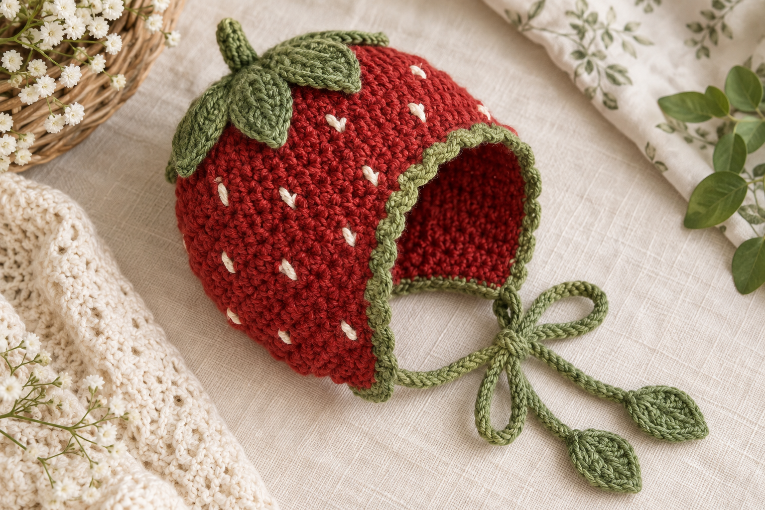 Cute crochet strawberry baby set with romper, bonnet and matching booties