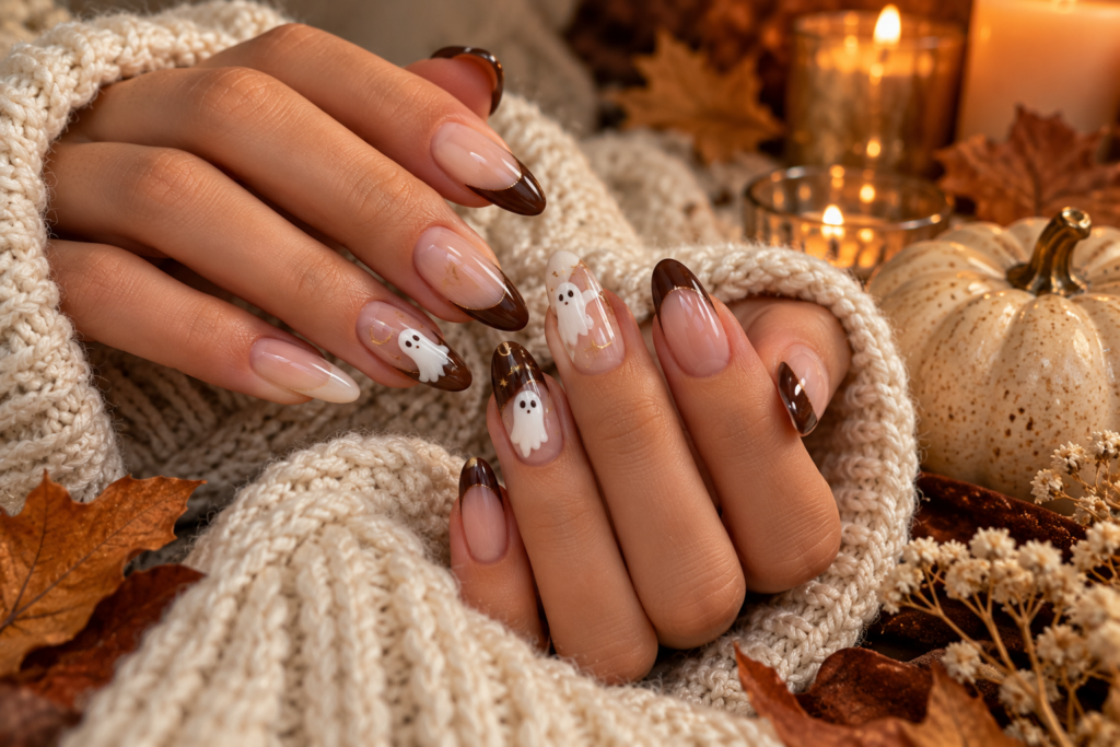Elegant brown ghost Halloween manicure with chocolate French tips