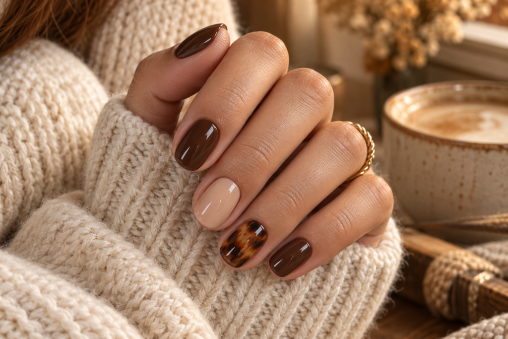Tortoiseshell accent nails on a short manicure