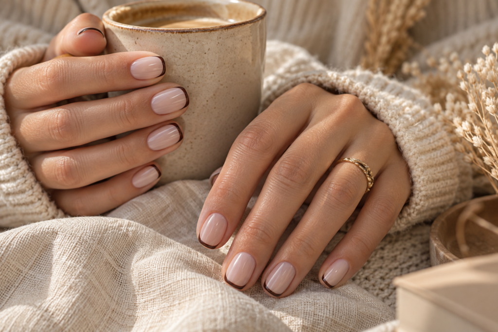 Brown micro-French tips on short nails