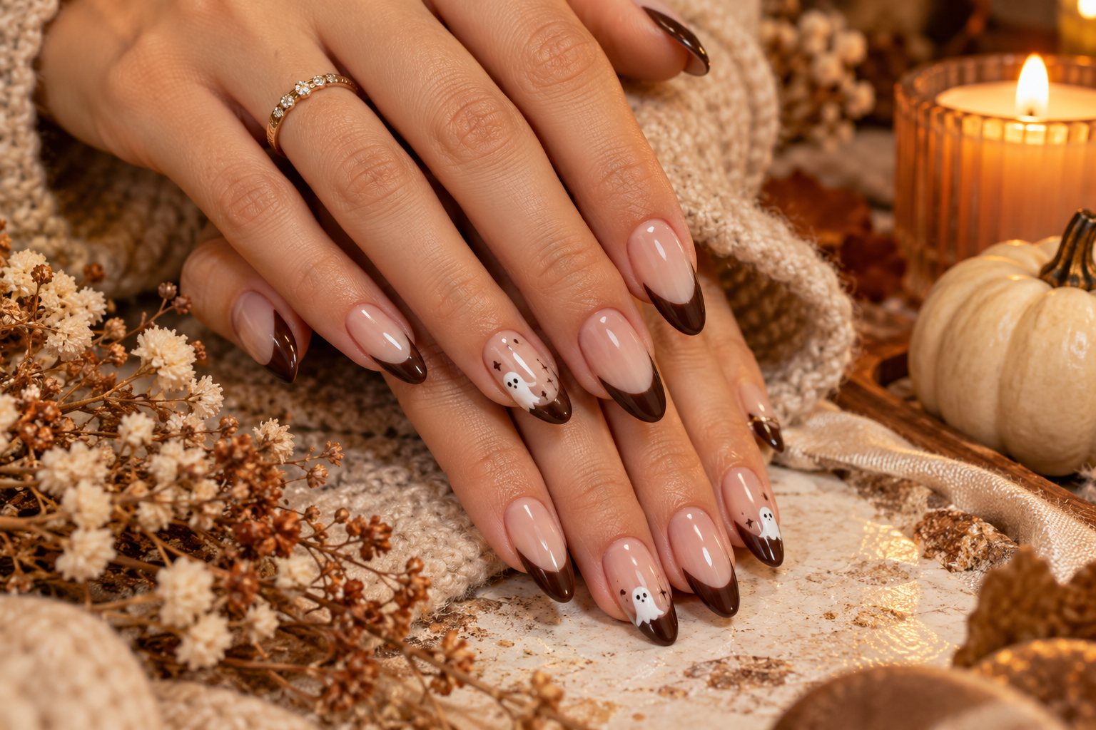 Brown ghost French tip Halloween nails with a nude base