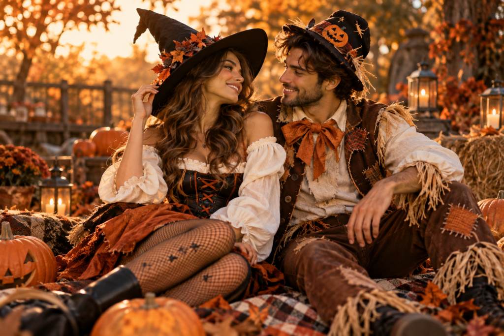 Cute coordinated Halloween costumes for a couple with playful autumn styling