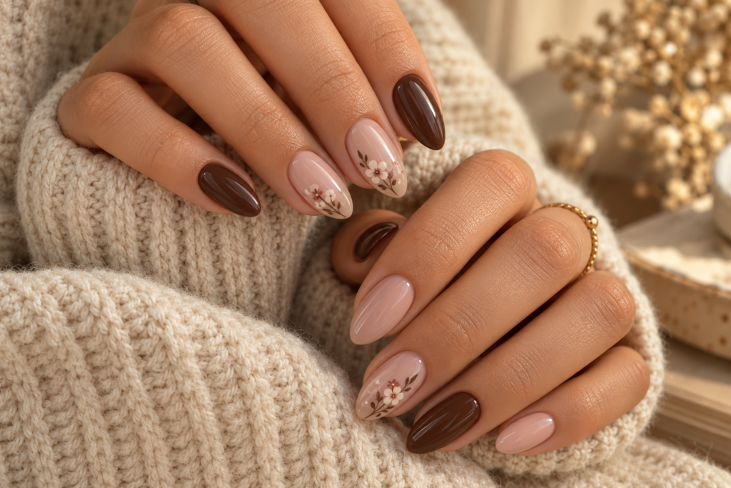 Chocolate brown nails with delicate floral details for early fall
