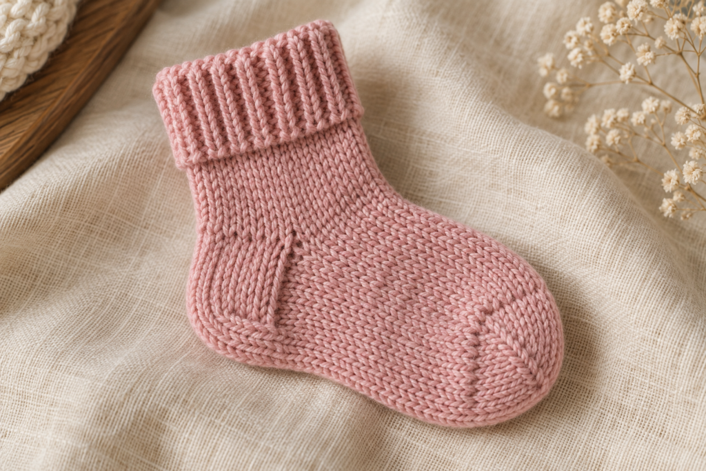 Close-up of a soft pink knitted baby sock with ribbed cuff