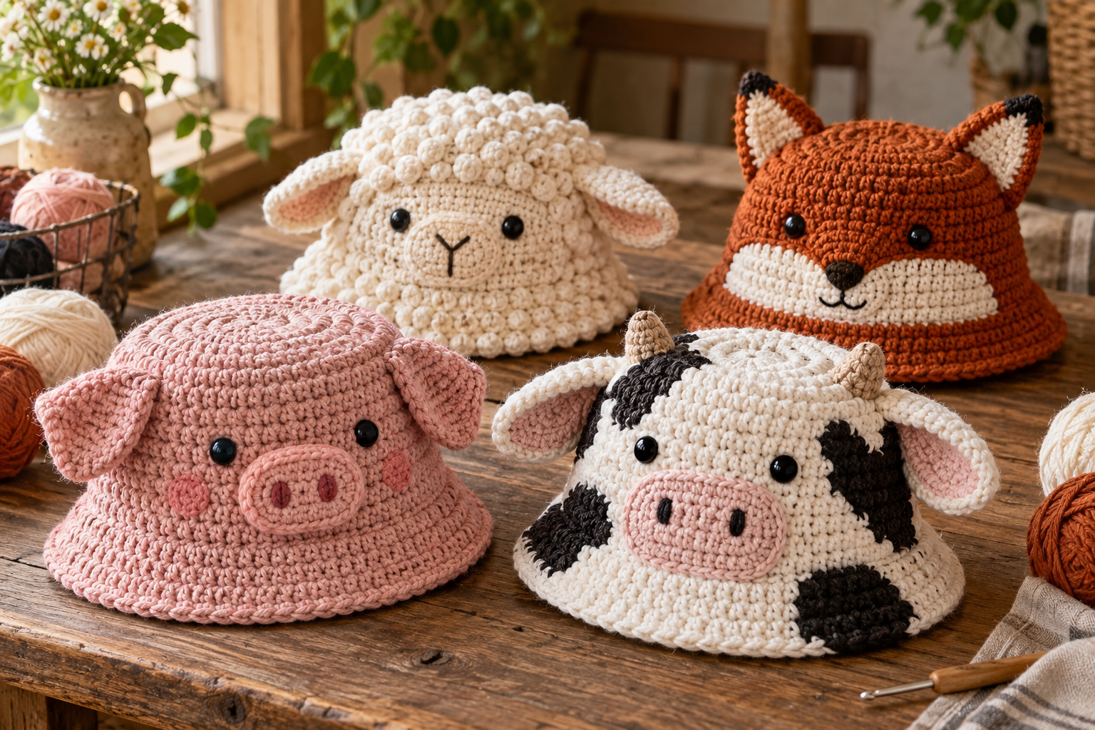 Farm Animal Crochet Bucket Hats: 4 Cute Free Patterns