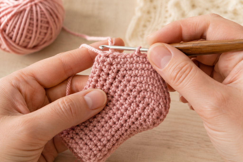 Shaping the heel of a crochet baby sock with single crochet decreases