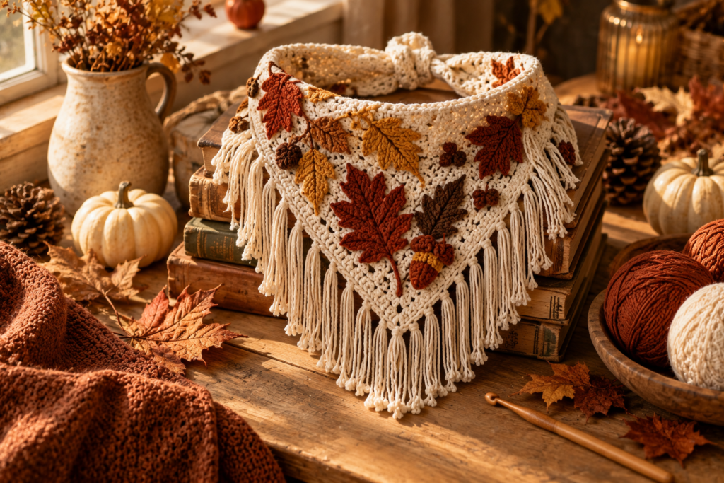 Autumn crochet bandana with rust and mustard leaf motifs