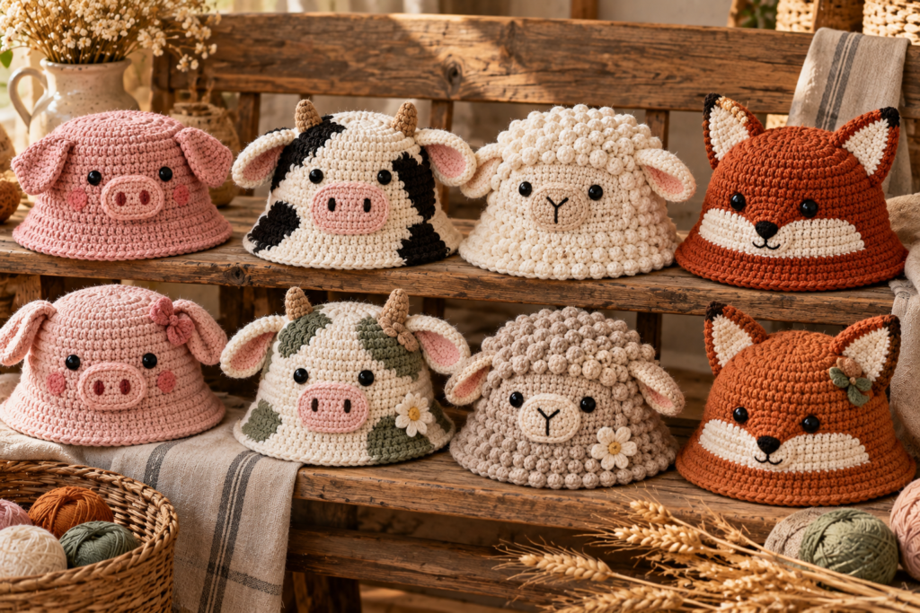 Collection of colorful crochet farm animal bucket hats for children