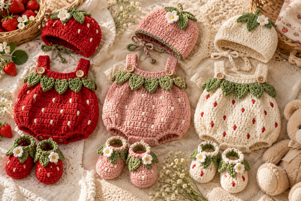 Different color combinations for a crochet strawberry baby outfit