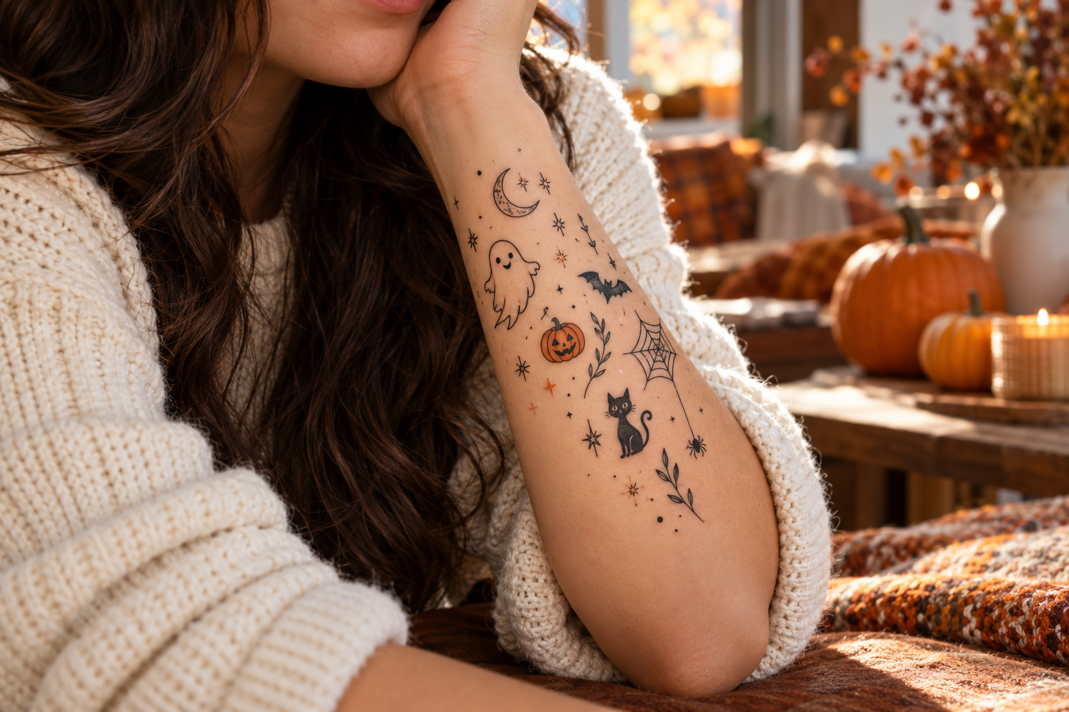 Cute and spooky Halloween tattoo ideas on a woman's forearm