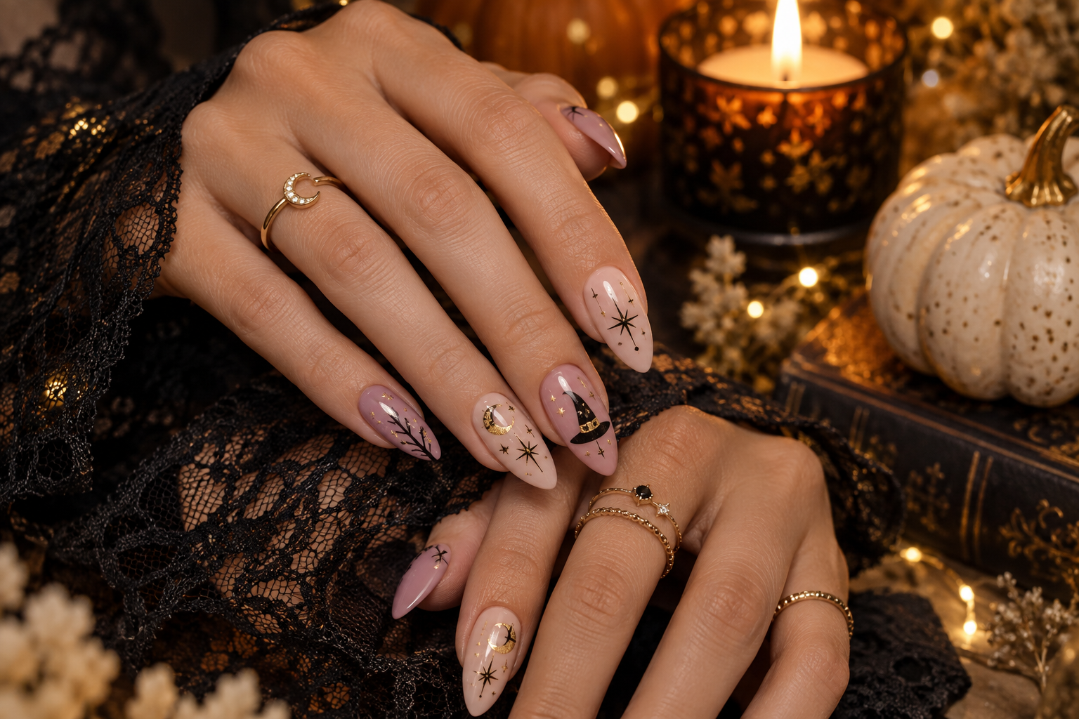 Witchy Halloween manicure with lavender, blush pink, black and gold celestial nail art