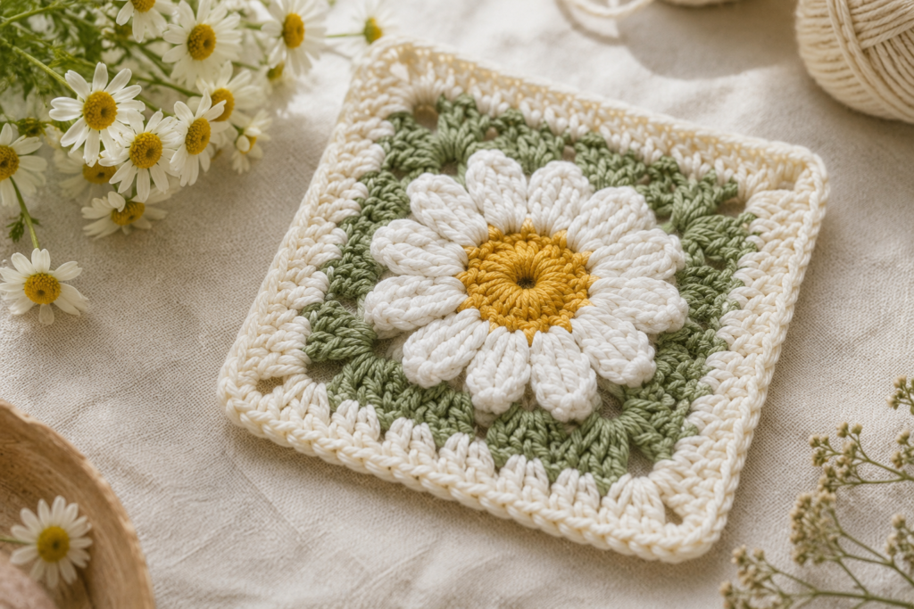 Daisy center granny square with white crochet petals