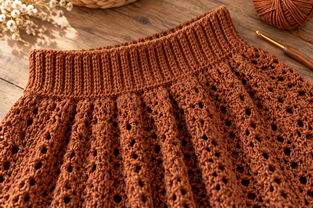 Close-up of the ribbed waistband on a crochet scallop skirt