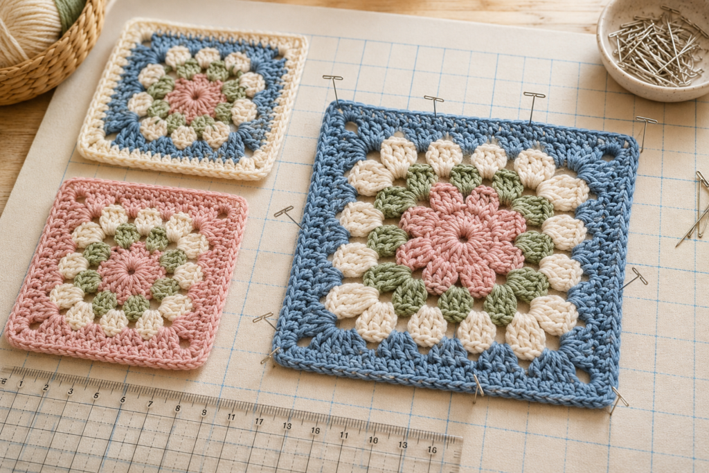 Blocking a crochet granny square to create an even shape