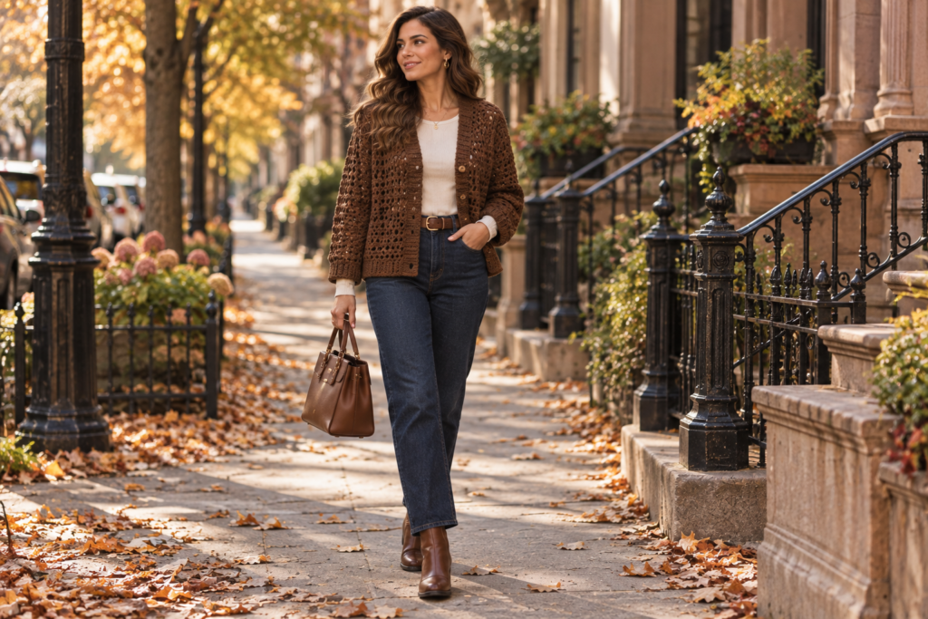 Brown crochet cardigan styled with cream top dark jeans and ankle boots for fall