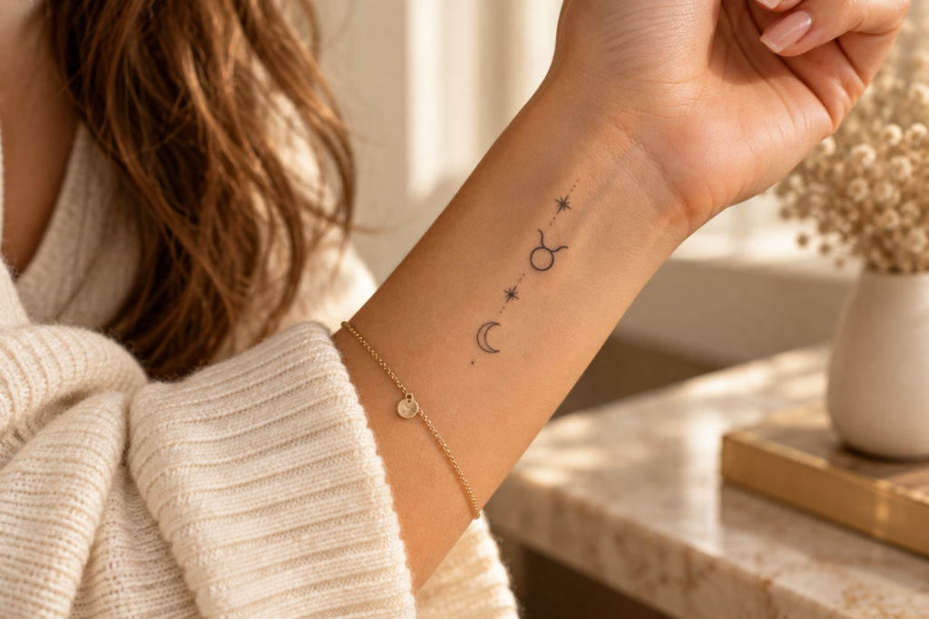Small minimalist zodiac tattoos with delicate fine-line designs