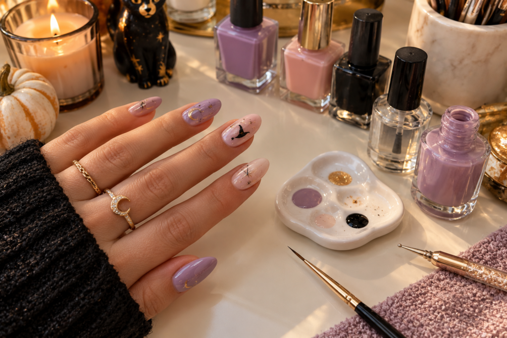 DIY witchy Halloween nail art setup with lavender polish, fine detail brush and celestial nail designs