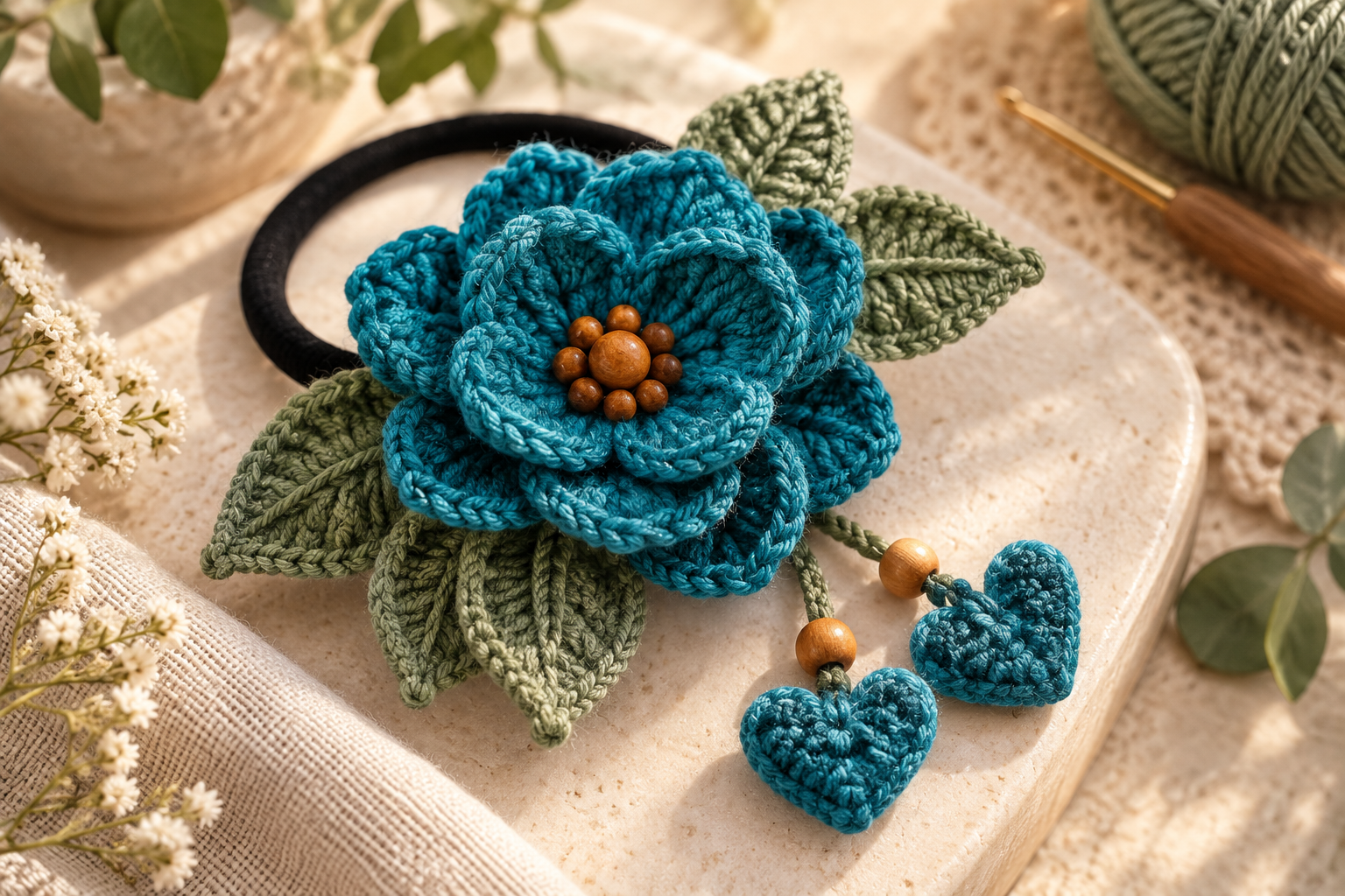 Handmade crochet flower hair tie with green leaves and heart charms