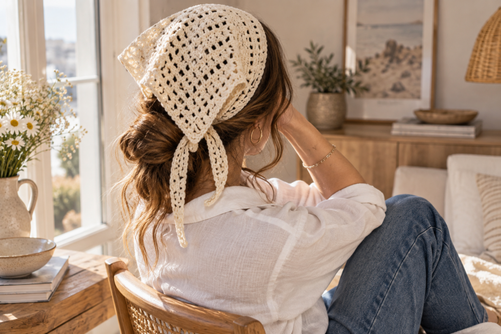 Woman wearing a cream crochet bandana as a head scarf