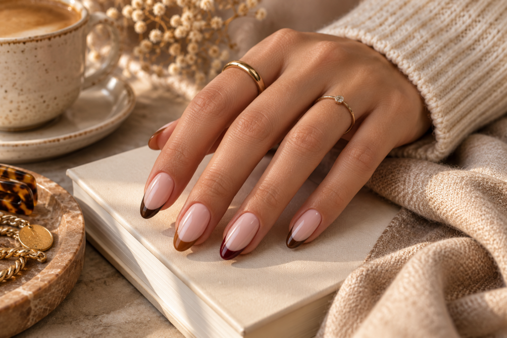 September French tip nails with chocolate brown and caramel tips
