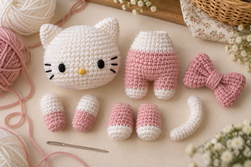 Crochet kitty pieces arranged before assembling the amigurumi