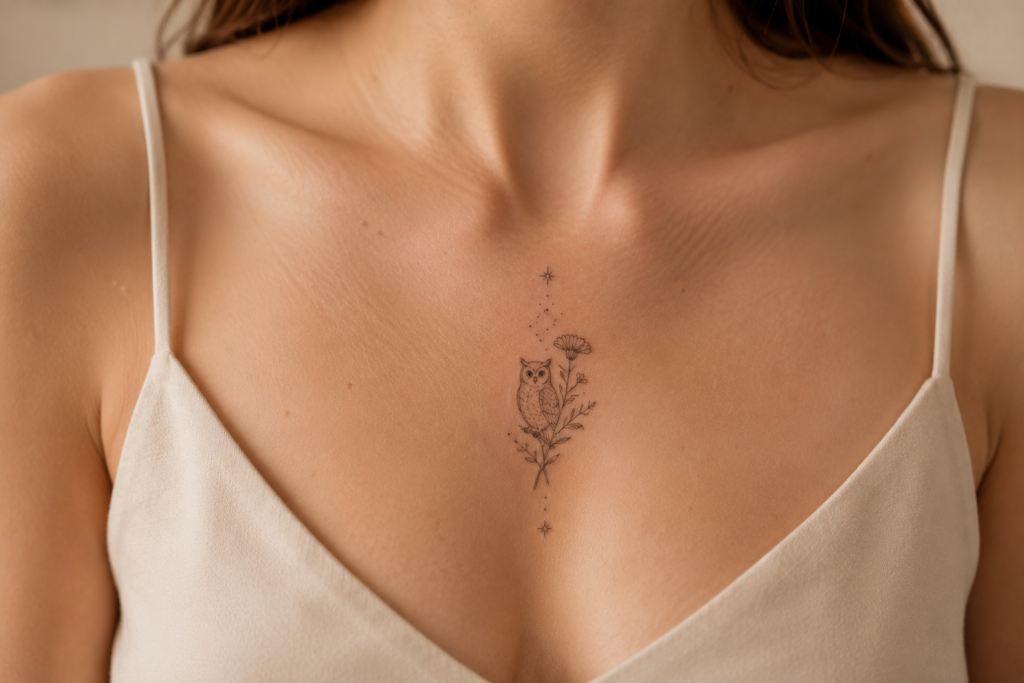 Personalized owl tattoo with delicate botanical and floral details