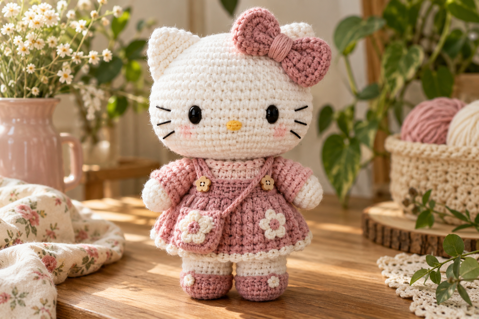 Cute white and pink crochet kitty amigurumi with a large pink bow