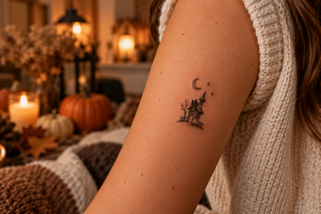 Tiny haunted house and moon Halloween tattoo