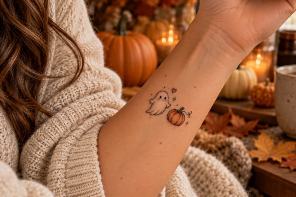 Cute ghost and pumpkin Halloween tattoo combination