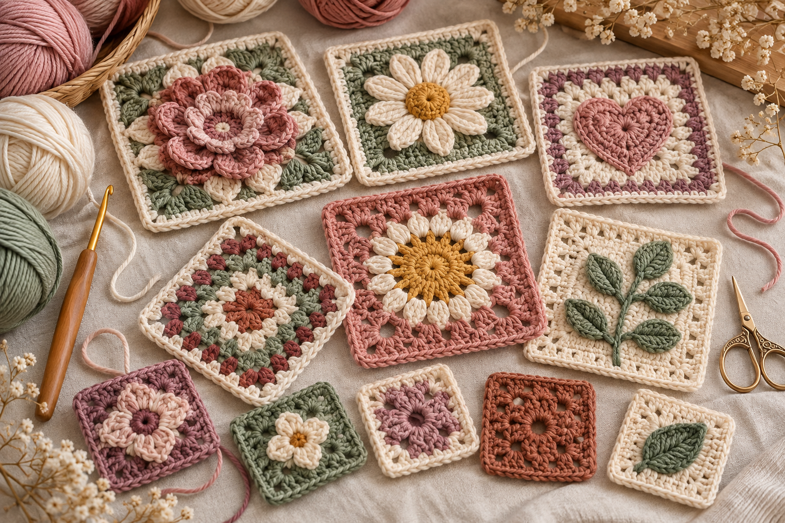 Collection of colorful crochet stitch motifs and granny square patterns