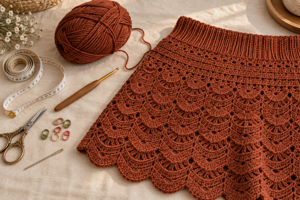 Crochet yarn, hook and tools for making a scallop skirt