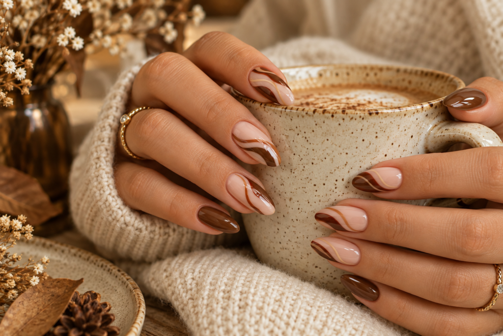 Caramel swirl nail design in warm September colors