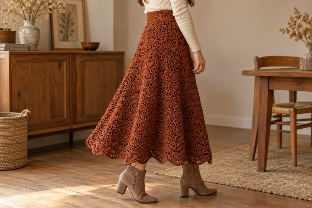 Side view showing the flare and drape of a crochet scallop skirt