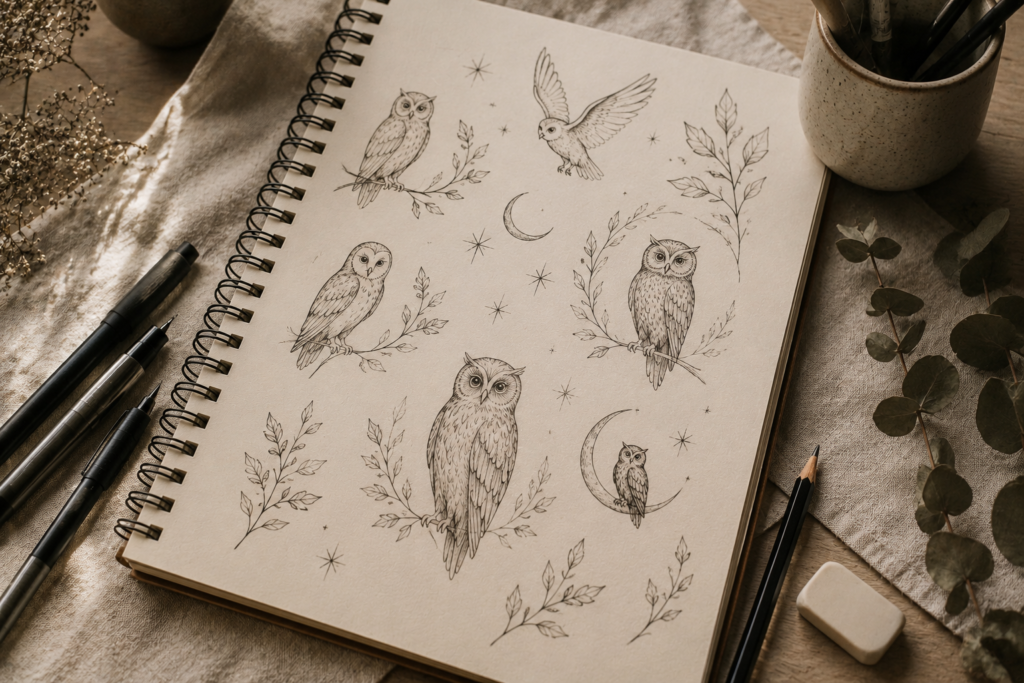 Planning a personalized owl tattoo design with botanical elements