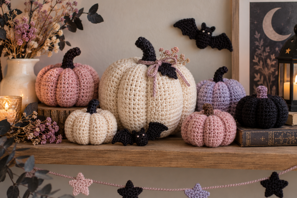 Pastel crochet Halloween pumpkins in pink lavender cream and black
