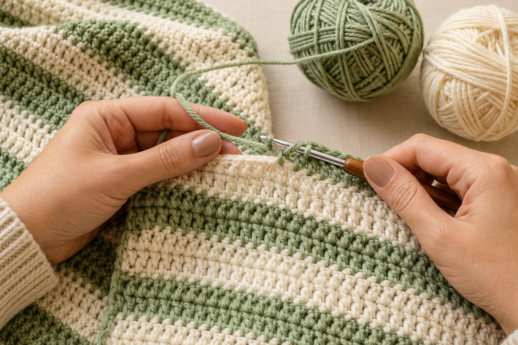 Changing yarn colors while crocheting a striped baby blanket