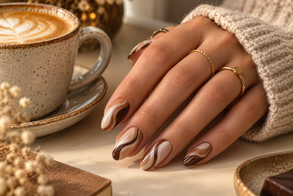 Caramel and mocha swirl September nail design