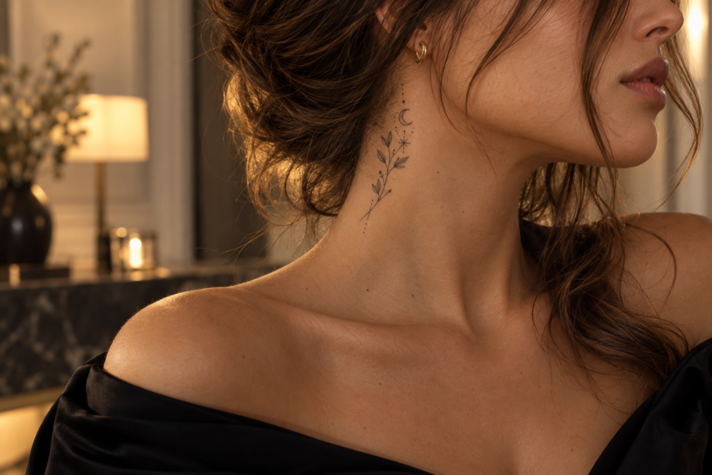 Elegant minimalist neck tattoo styled with an evening outfit
