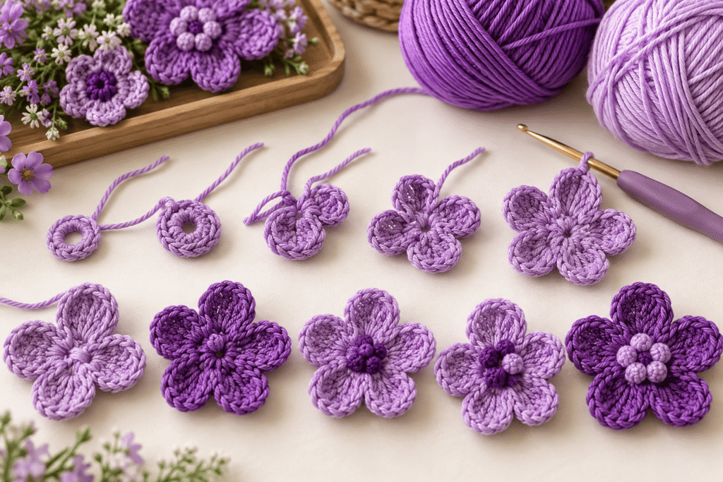 Purple yarn, crochet hooks, scissors and measuring tape for making a crochet dress