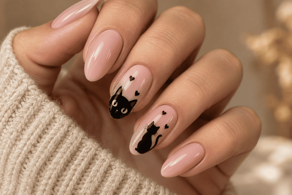 Minimalist black cat silhouettes on nude-pink Halloween nail designs.